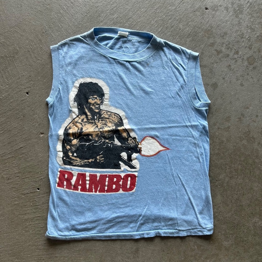 Vintage 80s Rambo First Blood II Shirt Size Small Blue 1985 Movie Promo Stallone